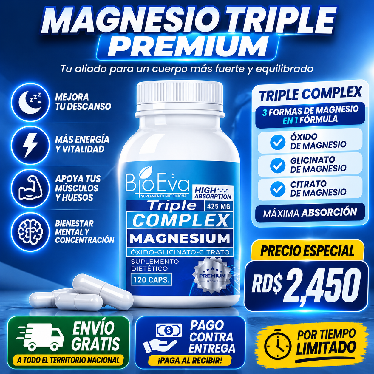 TRIPLE COMPLEX DE MAGNESIO 425mg | Óxido, Glicinato y Citrato